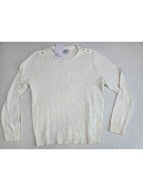 Kim Rogers Ivory Cable Knit Button Shoulder Sweater PM 100% Cotton Long Sleeve